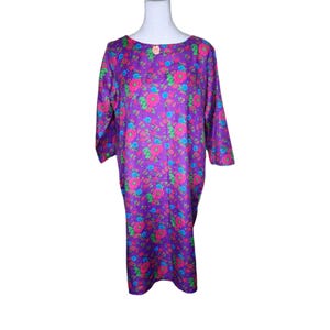 Vintage 70s Long Sleeve Floral Boho Caftan Shift Dress Womens Size L Purple