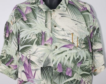 Camisa hawaiana vintage Jams World XL de los años 90 con diseño de palmeras, grullas, garcetas y tropicales en verde y morado
