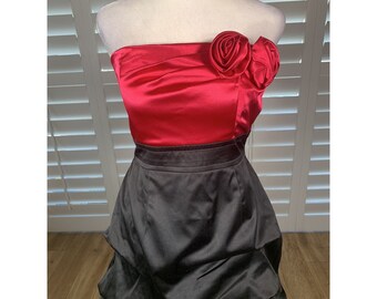 Vtg Y2K Strapless Satin Cocktail Dress 7 Hot Pink Black Pin Tucks Homecoming