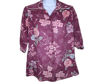 Vintage 80s Blouse Top Shirt Womens Size M Pink Floral Half Sleeve