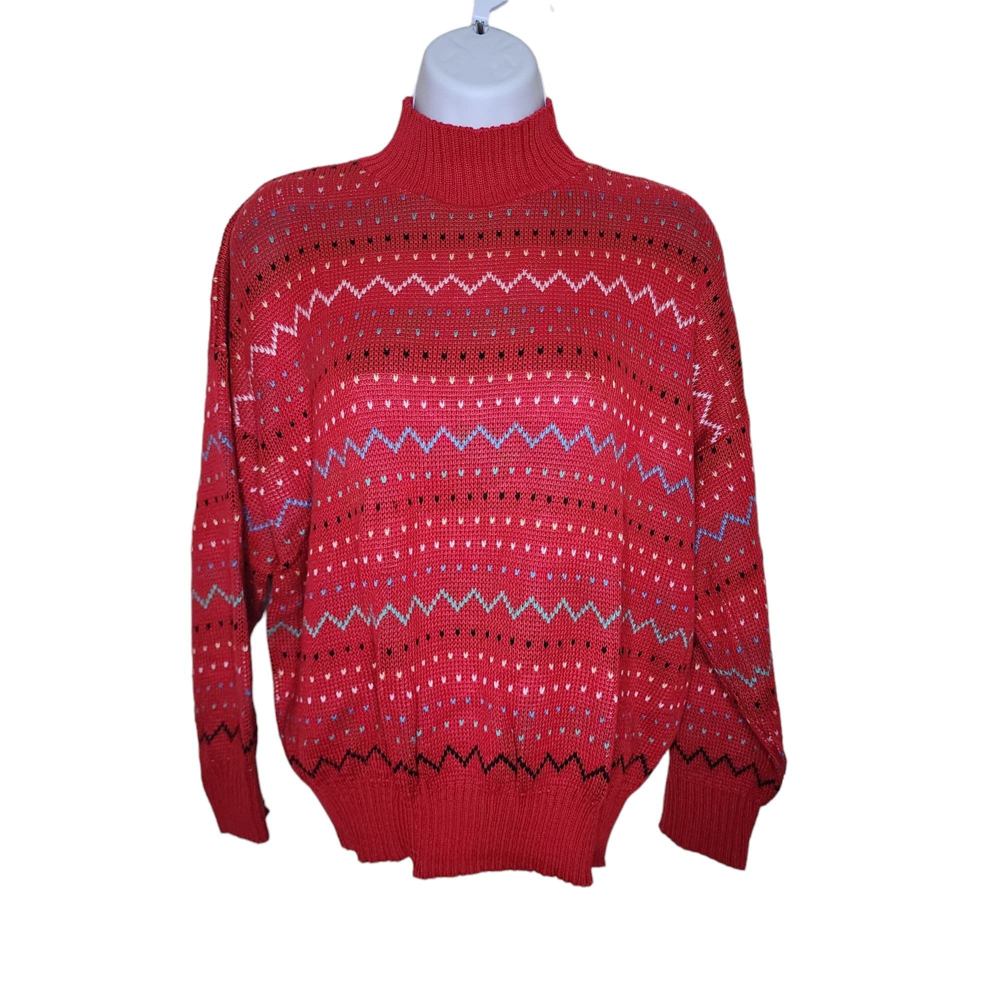 Vintage 80s Turtleneck Sweater Womens Size XL Red Pink Hearts Zig