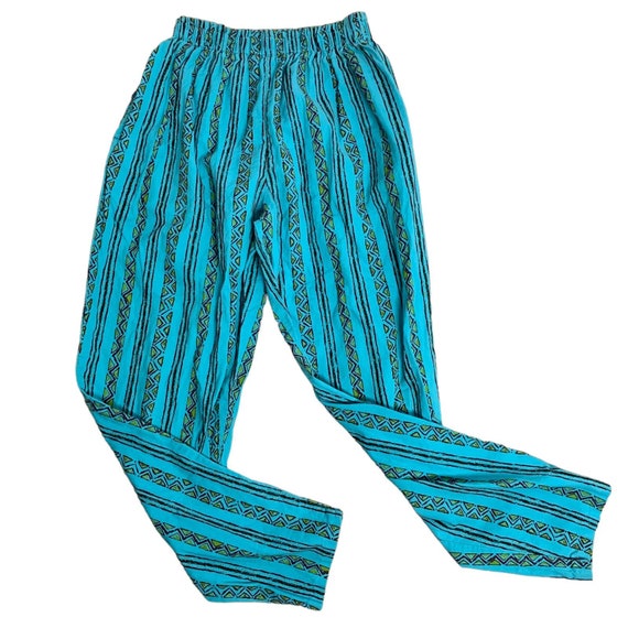 Vintage 80s Pull on Parachute Pants S Blue Geometric Surf