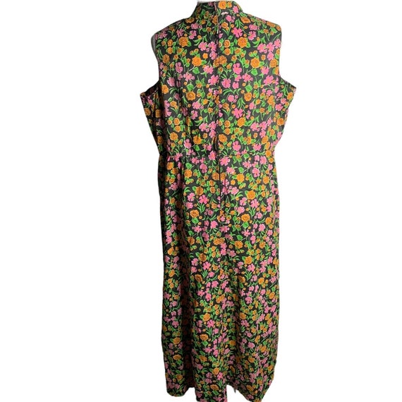 Vintage 60s Sleeveless Sheath Dress L Black Flora… - image 4