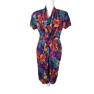 Vintage 80er Jahre Tess Kleid S Heller Blumen Print Blouson Türkis Lila Hülle