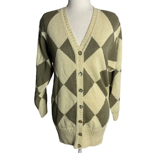 Vintage Knit Argyle Cardigan Sweater S Cream Buttons Long Sleeves Shoulder Pads