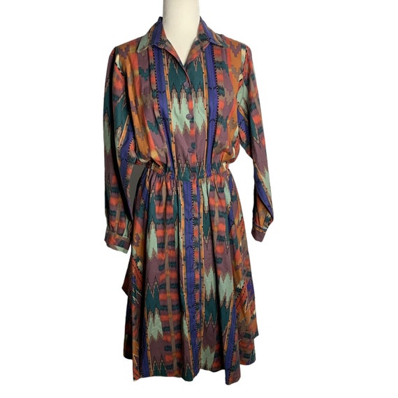 Vintage Southwestern Aztec Shirt Dress M Multicolored Long Sleeve Buttons Pocket