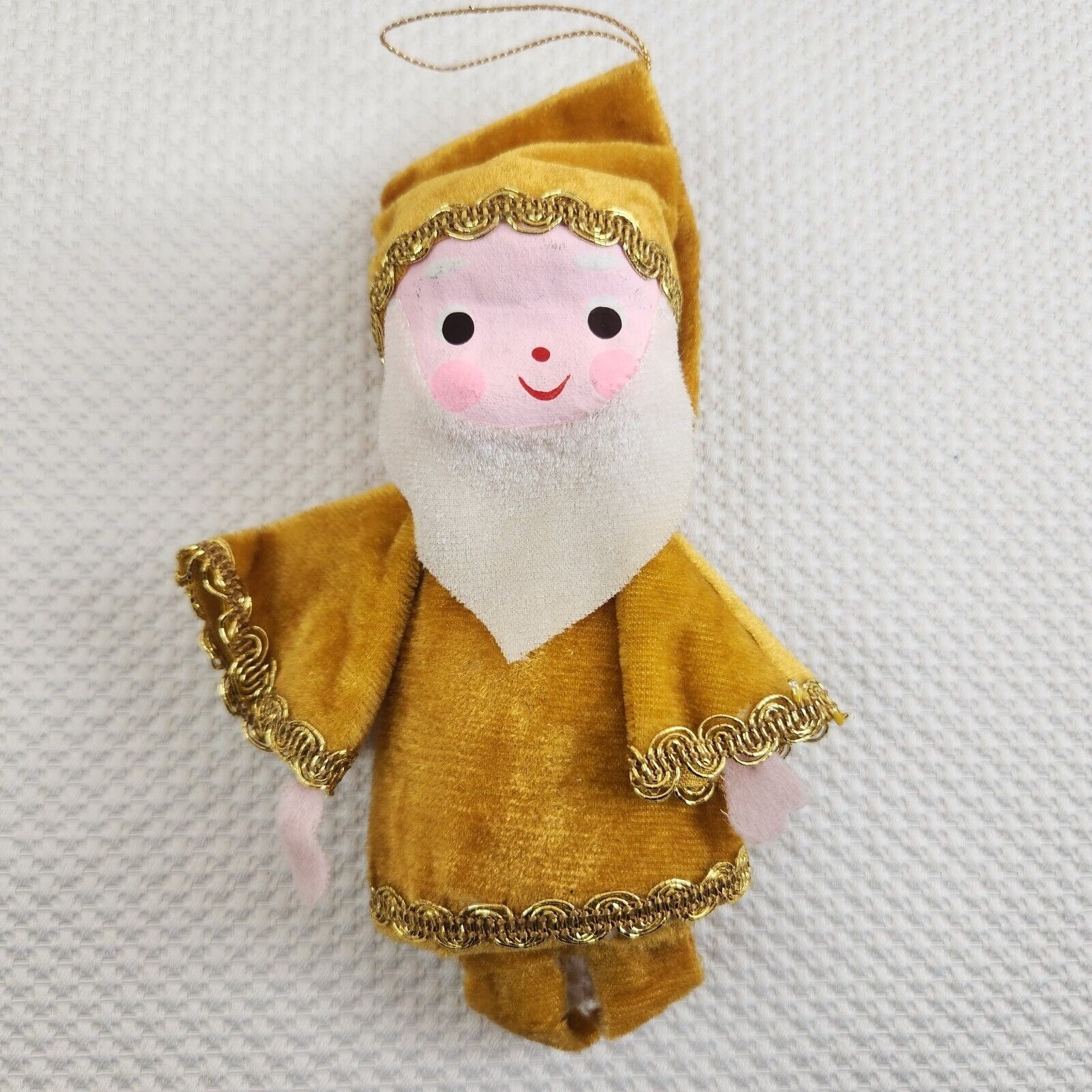 Vintage Mid Century Gold Felt Elf Santa Ornament Japan Mr
