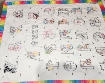 Vintage 80s Precious Moments Alphabet Blanket Rainbow Embroidered Crib Throw