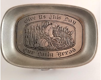 Silver Pewter Serving Tray: &quot;Give Us This Day&quot; Wilton Platter 9x6