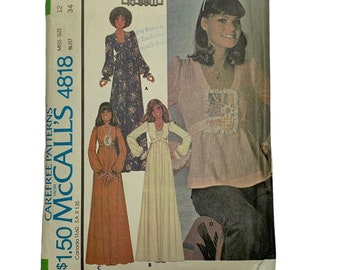 Vintage 70s McCalls 4818 Pattern Misses 6-16 Dress Top Uncut Prairie Cottage