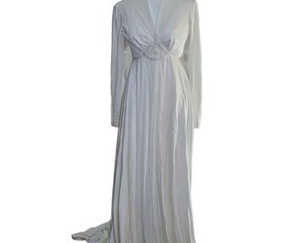 Vintage 70s Wedding Dress Womens Size XS White Sequins Long Maxi Train Romantic