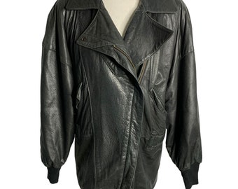 Vintage 80s Melanzona Leather Moto Jacket M Black Pockets Lined Shoulder Pads