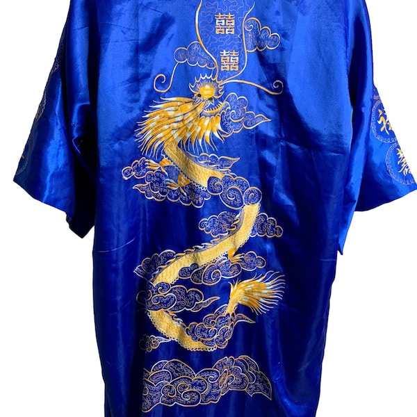 Vintage Chinese Embroidered Satin Full Length Robe L Blue Golden Dragon Pockets