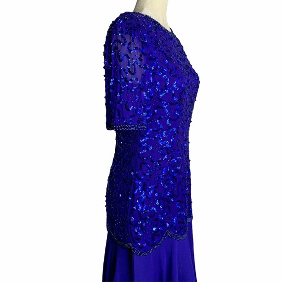 Vintage Sequin Beaded Evening Dress S Blue Silk C… - image 5