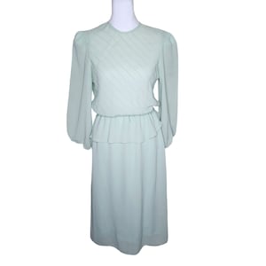 Vintage 70er Jahre Blouson Kleid Damen Größe S Mint Grün Ballon Ärmel Chiffon