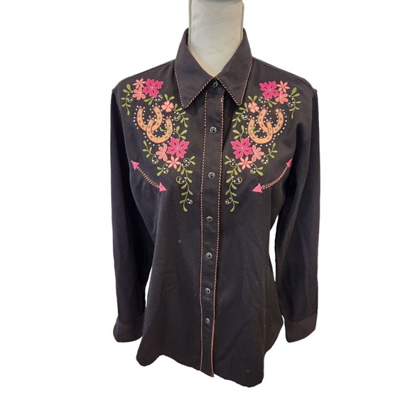 Vintage Y2K Womens Black Pink Embroidered Long Sl… - image 2