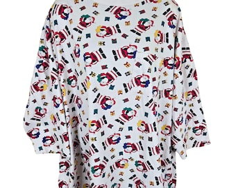 Vintage Christmas Santa Claus Nightgown White Multi Holiday Sleepwear Women’s XL Loungewear