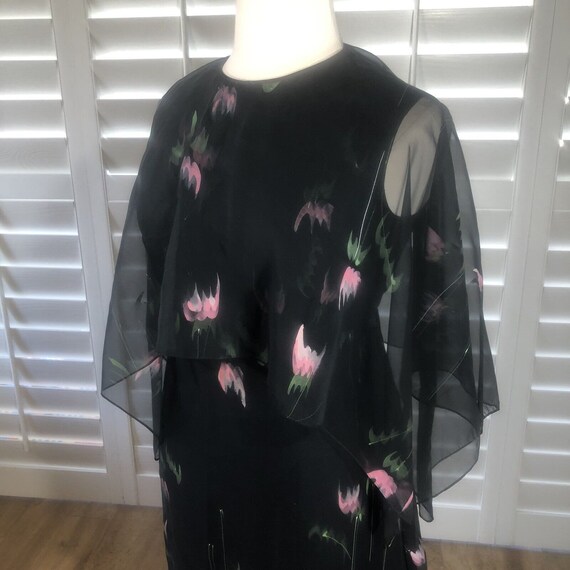 Vtg 80s Black Chiffon Floral Floor Length Dress L… - image 9