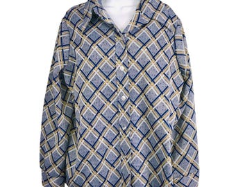 Vintage 70er Jahre Shirt Top Damen L Blau Gelb Kariert Doppelstrick Polyester