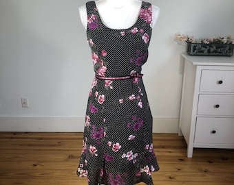 VTG 90er Jahre Y2K K Petite Chiffon Schwarz Polka Dot Kleid 6P Pink Floral A Line Flirty