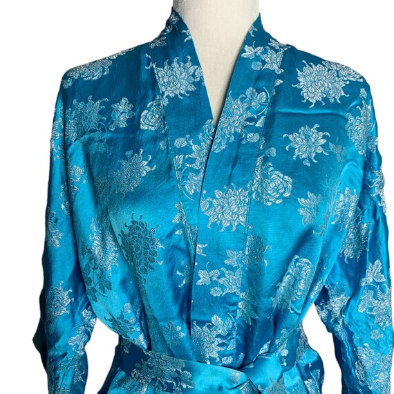 Vintage Asian Silk Jacquard Half Robe M Blue Chin… - image 2