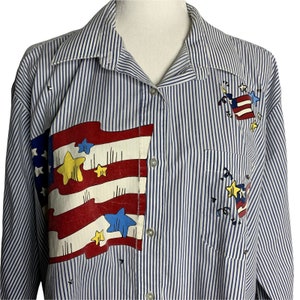 Vintage American Flag Button Up Shirt XXL Blue White Striped USA Patriotic