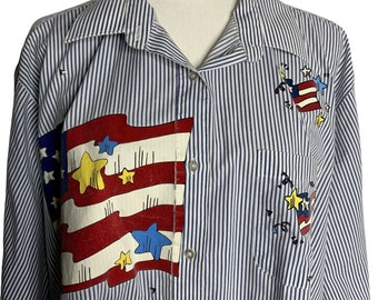 Camisa con botones y bandera estadounidense vintage XXL con rayas azules y blancas, patriótica de EE. UU.