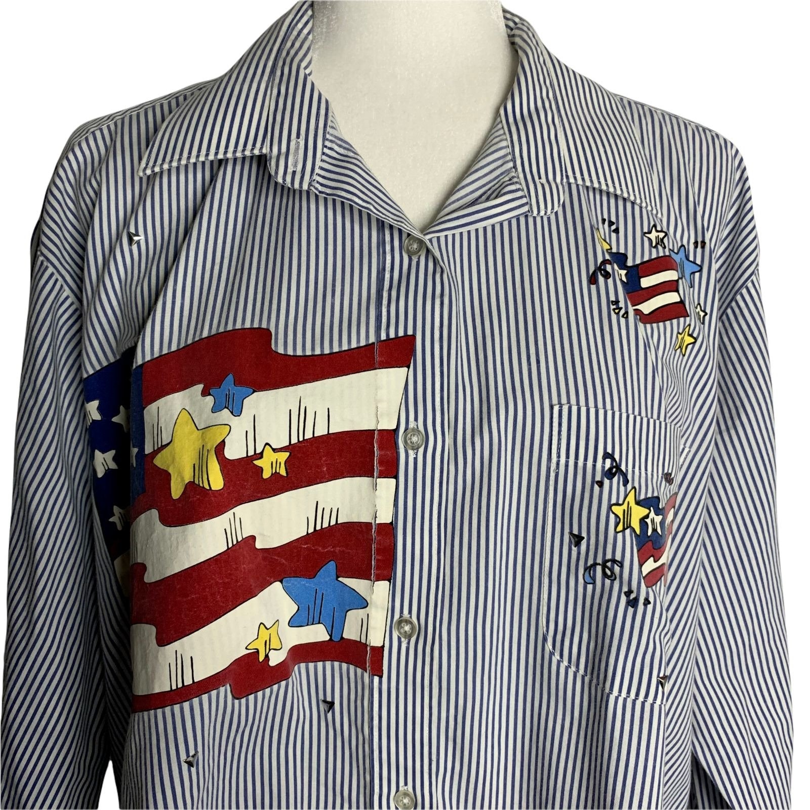 Vintage American Flag Button up Shirt XXL Blue White Striped