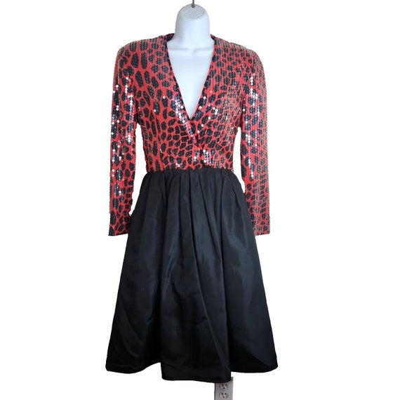 Vintage Chetta B Red Black Taffeta Sequin Dress S… - image 1