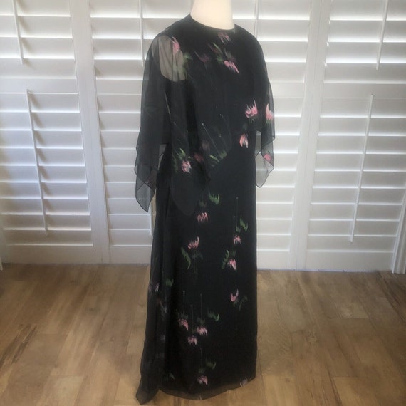 Vtg 80s Black Chiffon Floral Floor Length Dress L… - image 3