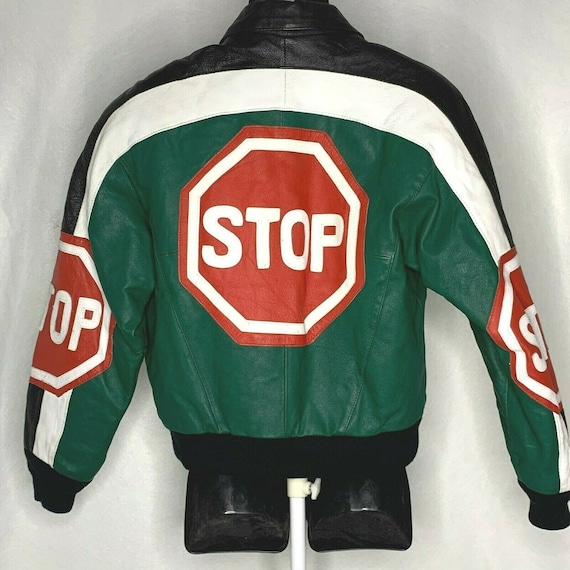 Vintage 90s Leather Jacket S Green Stop Sign Racin