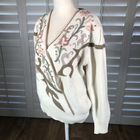 Vtg 80s Cream Embroidered Surplice Sweater M Puff… - image 4