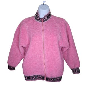 Vintage 90s Teddy Sherpa Full Zip Jacket Womens Size M Pink Aztec Fleece