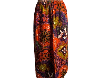 Vintage 70s Psychedelic Hawaiian Maxi Skirt M Orange Floral Barkcloth