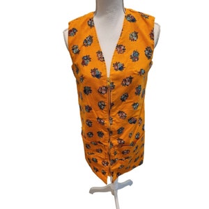 Vintage 70s Zip Front Floral Sleeveless Dress Smock House Coat M Yellow Orange