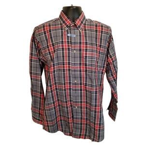 Vintage 80s Lands End Button Up Shirt Mens M Red Black Plaid Long Sleeve