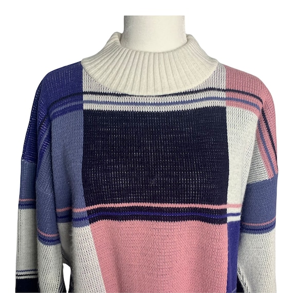 Vintage 80s Colorblock Knit Pullover Sweater L Wh… - image 2