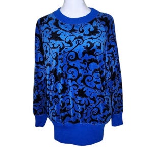 Vintage 80s Partners Velour Pullover Top Shirt Damen M blau