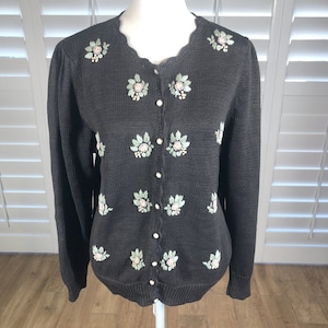 Vintage Charcoal Gray Cardigan Sweater L Ramie Cotton Embroidered Flowers Granny