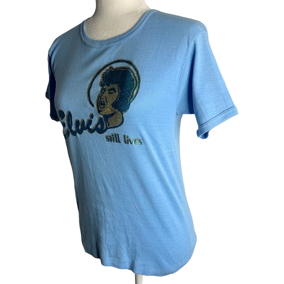 Vintage 70s Elvis Glitter Iron On T Shirt S Blue … - image 3