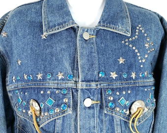 Chaqueta vaquera estilo camionero estilo western de mezclilla azul Freego vintage de los años 80, talla S, con estrellas tachonadas y concho