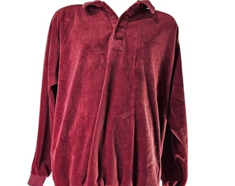 Vintage 70s Velour Shirt Mens Size XXL 2XL Red Burgundy Polo Collar Disco Mod