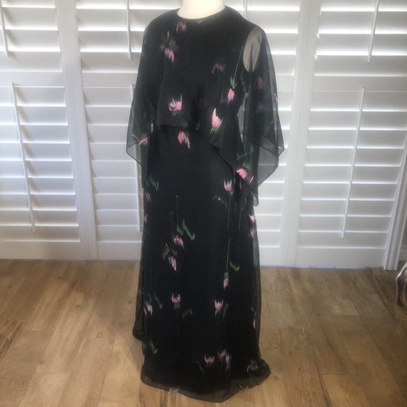 Vtg 80s Black Chiffon Floral Floor Length Dress L… - image 10