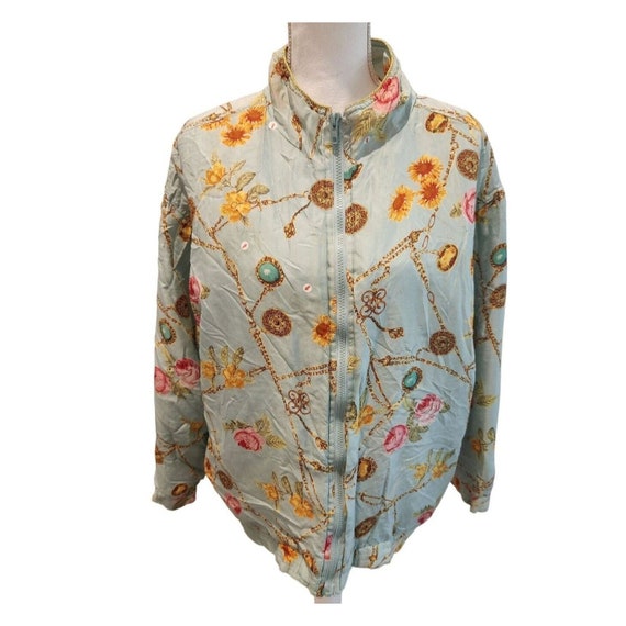 Vintage 90s Avon Silk Floral Turquoise Bomber Jac… - image 1