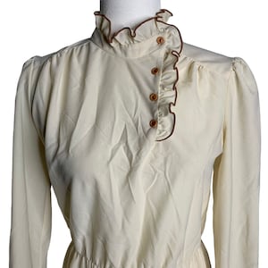 Vintage 70er Strick Kleid S Creme Langarm RüschenKragen Knöpfe