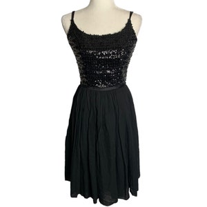 Vintage 50s Sequin Evening Swing Dress S Black Sleeveless Chiffon Lined Zipper
