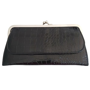 Vintage Pocketbook Black Patent Leather Croc Purse Handbag Clutch