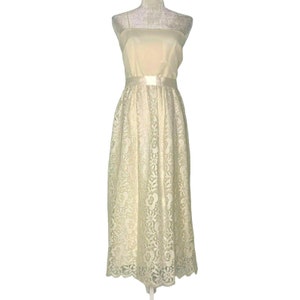 Vintage 60s Miss Elliette Eyelash Lace Dress S Ivory Empire Waist Satin Belt