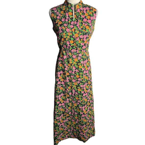 Vintage 60s Sleeveless Sheath Dress L Black Flora… - image 1
