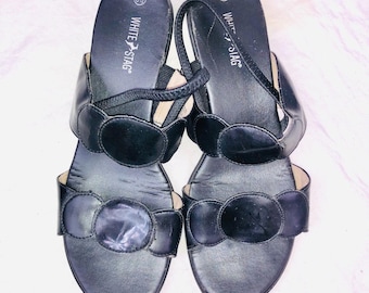Vintage 90s Womens Shoes 8 1/2 Black Sandals Strap Slip On 1.5" Heel Cathy